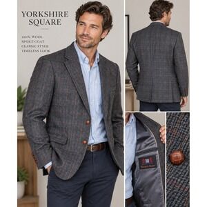 Yorkshire Square Blazer Grey Plaid 100% Wool Classic Sport Coat Size 42
